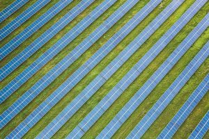 Campo com central solar composta por filas de painéis fotovoltaicos